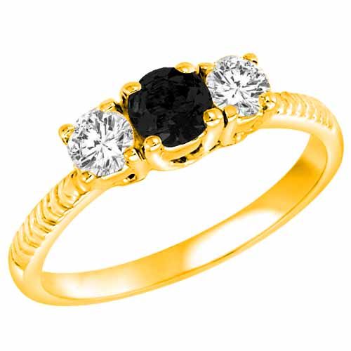 18K Yellow Gold Round 3 Stone Diamond and Onyx Engagement Ring With Etched Shank (0.90 cttw)
