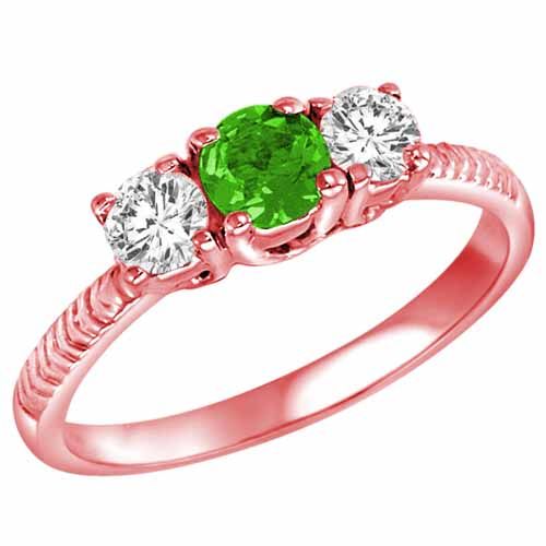 10K Rose Gold Round 3 Stone Diamond and Peridot Engagement Ring With Etched Shank (0.90 cttw)
