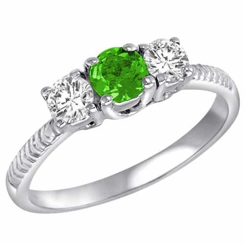 10K White Gold Round 3 Stone Diamond and Peridot Engagement Ring With Etched Shank (0.90 cttw)