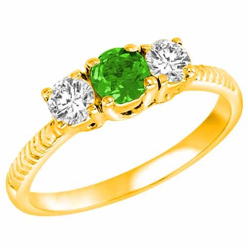 10K Yellow Gold Round 3 Stone Diamond and Peridot Engagement Ring With Etched Shank (0.90 cttw)
