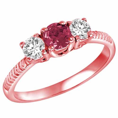 18K Rose Gold Round 3 Stone Diamond and Pink Tourmaline Engagement Ring With Etched Shank (0.90 cttw)