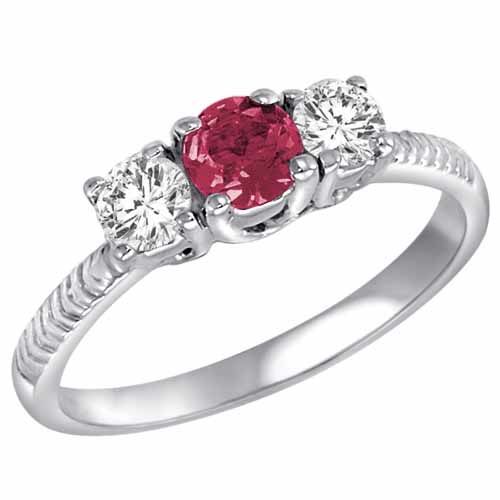 18K White Gold Round 3 Stone Diamond and Pink Tourmaline Engagement Ring With Etched Shank (0.90 cttw)