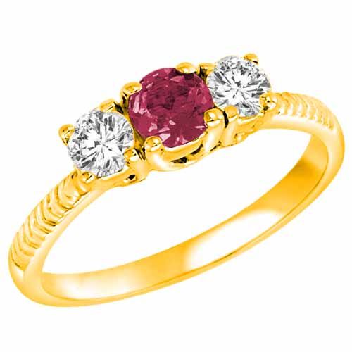 14K Yellow Gold Round 3 Stone Diamond and Pink Tourmaline Engagement Ring With Etched Shank (0.90 cttw)