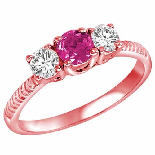 14K Rose Gold Round 3 Stone Diamond and Pink Sapphire Engagement Ring With Etched Shank (0.90 cttw)
