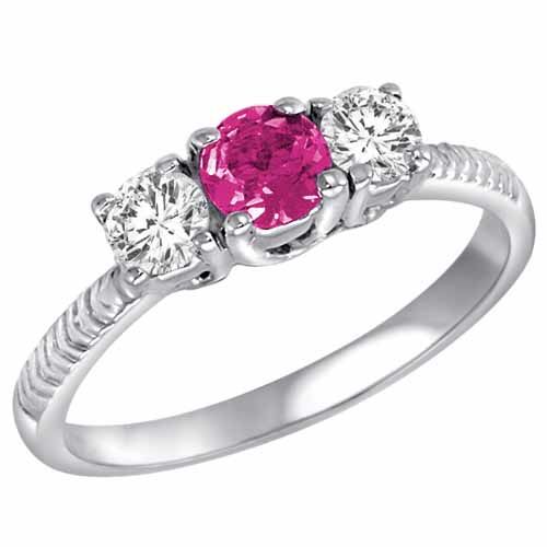 Sterling Silver Round 3 Stone Diamond and Pink Sapphire Engagement Ring With Etched Shank (0.90 cttw)