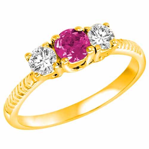 18K Yellow Gold Round 3 Stone Diamond and Pink Topaz Engagement Ring With Etched Shank (0.90 cttw)