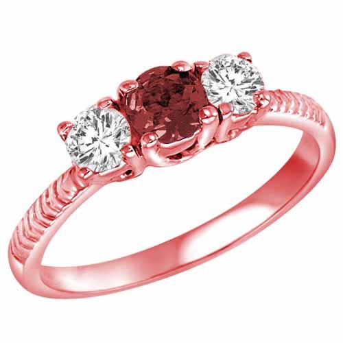 14K Rose Gold Round 3 Stone Diamond and Ruby Engagement Ring With Etched Shank (0.90 cttw)