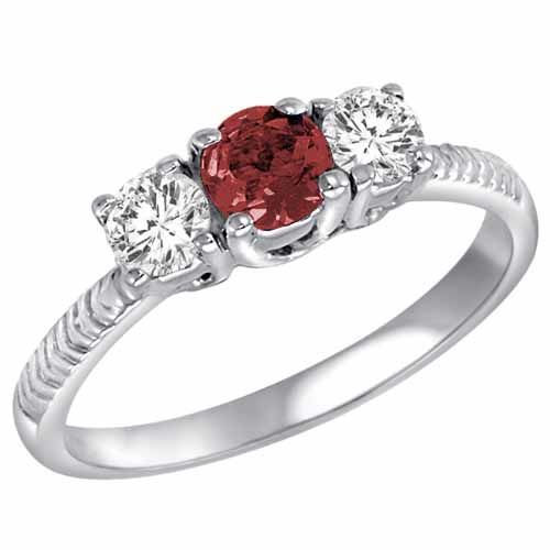 18K White Gold Round 3 Stone Diamond and Ruby Engagement Ring With Etched Shank (0.90 cttw)