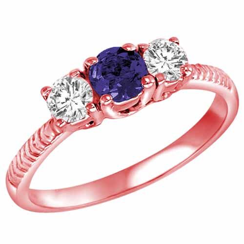 14K Rose Gold Round 3 Stone Diamond and Blue Sapphire Engagement Ring With Etched Shank (0.90 cttw)