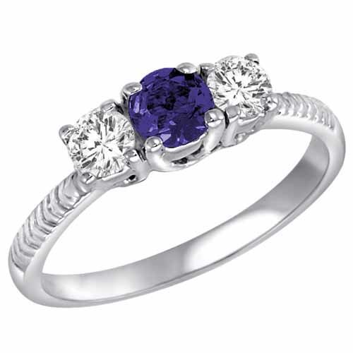 10K White Gold Round 3 Stone Diamond and Blue Sapphire Engagement Ring With Etched Shank (0.90 cttw)