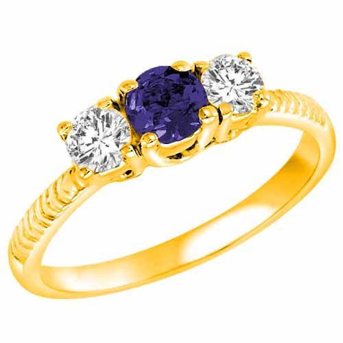 18K Yellow Gold Round 3 Stone Diamond and Blue Sapphire Engagement Ring With Etched Shank (0.90 cttw)