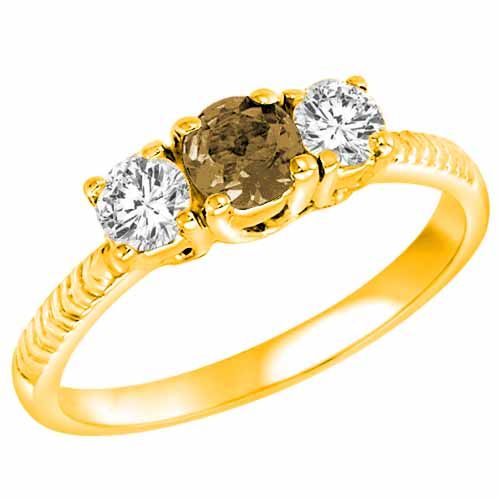14K Yellow Gold Round 3 Stone Diamond and Smoky Quartz Engagement Ring With Etched Shank (0.90 cttw)