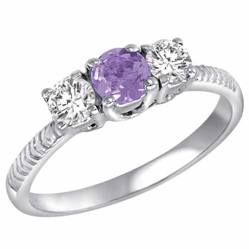 Sterling Silver Round 3 Stone Diamond and Tanzanite Engagement Ring With Etched Shank (0.90 cttw)