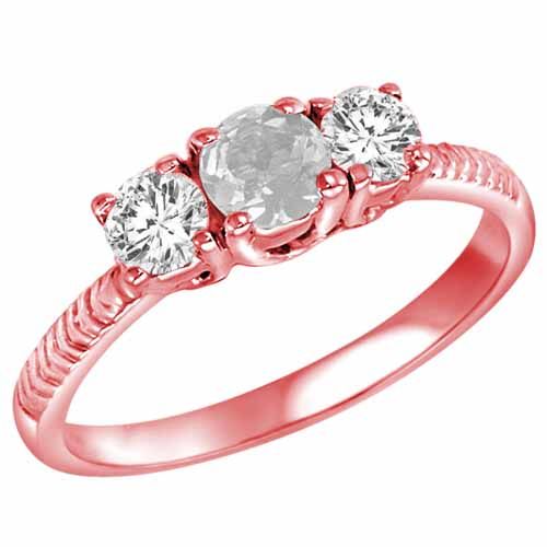 14K Rose Gold Round 3 Stone Diamond and White Quartz Engagement Ring With Etched Shank (0.90 cttw)