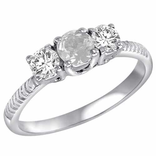 Platinum Round 3 Stone Diamond and White Quartz Engagement Ring With Etched Shank (0.90 cttw)