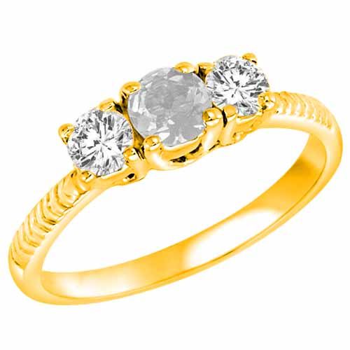 10K Yellow Gold Round 3 Stone Diamond and White Quartz Engagement Ring With Etched Shank (0.90 cttw)