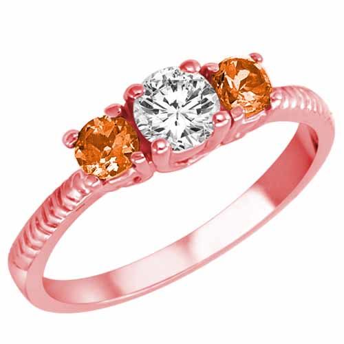 10K Rose Gold Round 3 Stone Diamond and Fire Opal Engagement Ring With Etched Shank (0.95 cttw)