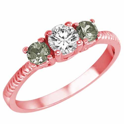 10K Rose Gold Round 3 Stone Diamond and Green Amethyst Engagement Ring With Etched Shank (0.95 cttw)