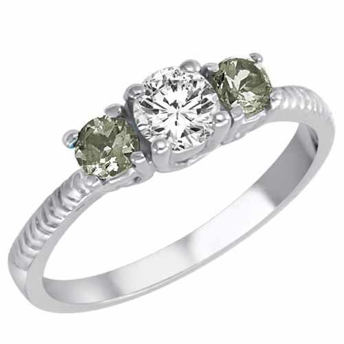 18K White Gold Round 3 Stone Diamond and Green Amethyst Engagement Ring With Etched Shank (0.95 cttw)