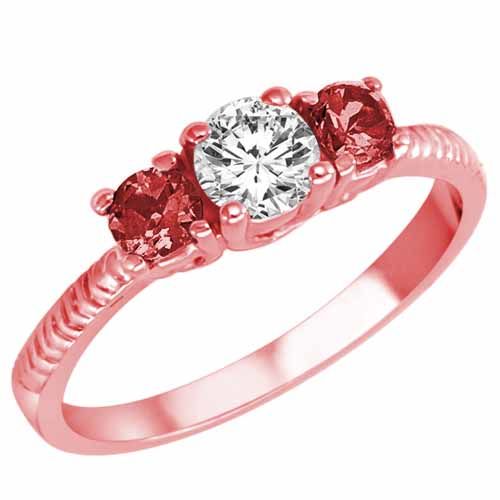 14K Rose Gold Round 3 Stone Diamond and Garnet Engagement Ring With Etched Shank (0.95 cttw)