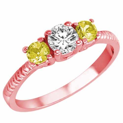 14K Rose Gold Round 3 Stone Diamond and Lemon Quartz Engagement Ring With Etched Shank (0.95 cttw)