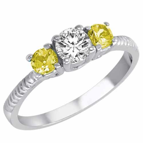Platinum Round 3 Stone Diamond and Lemon Quartz Engagement Ring With Etched Shank (0.95 cttw)