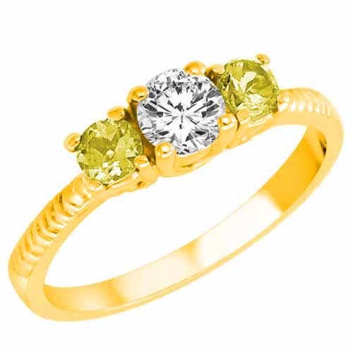 18K Yellow Gold Round 3 Stone Diamond and Lemon Quartz Engagement Ring With Etched Shank (0.95 cttw)