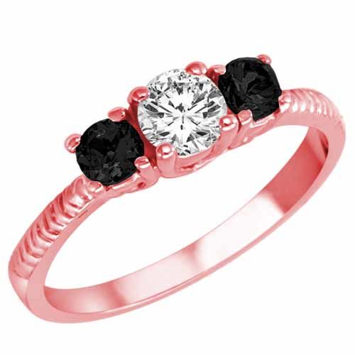 10K Rose Gold Round 3 Stone Diamond and Onyx Engagement Ring With Etched Shank (0.95 cttw)