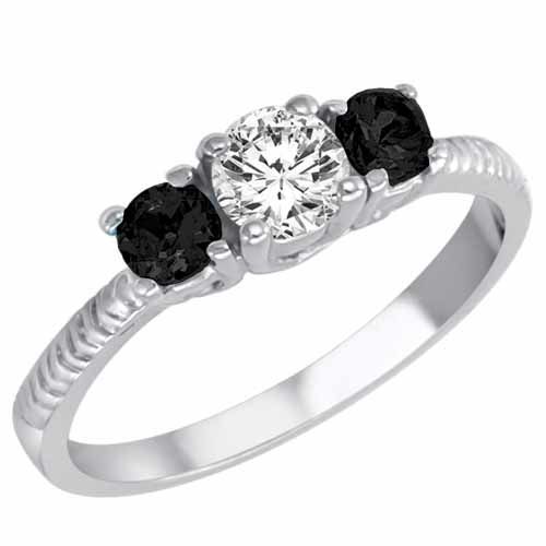 10K White Gold Round 3 Stone Diamond and Onyx Engagement Ring With Etched Shank (0.95 cttw)