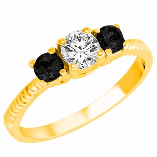 10K Yellow Gold Round 3 Stone Diamond and Onyx Engagement Ring With Etched Shank (0.95 cttw)