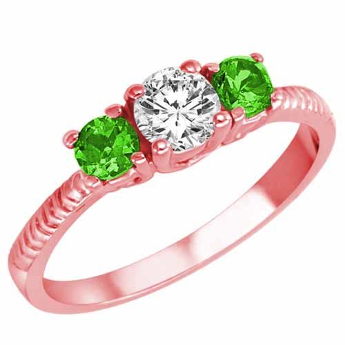 10K Rose Gold Round 3 Stone Diamond and Peridot Engagement Ring With Etched Shank (0.95 cttw)