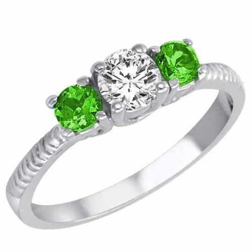 Platinum Round 3 Stone Diamond and Peridot Engagement Ring With Etched Shank (0.95 cttw)