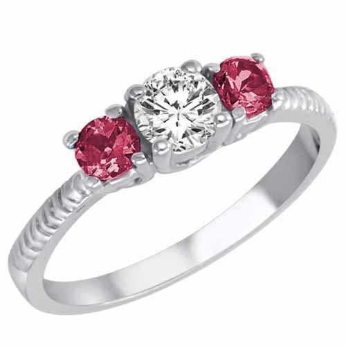 14K White Gold Round 3 Stone Diamond and Pink Tourmaline Engagement Ring With Etched Shank (0.95 cttw)