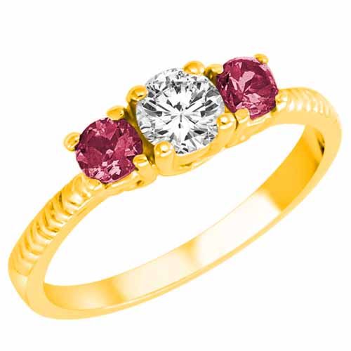 18K Yellow Gold Round 3 Stone Diamond and Pink Tourmaline Engagement Ring With Etched Shank (0.95 cttw)