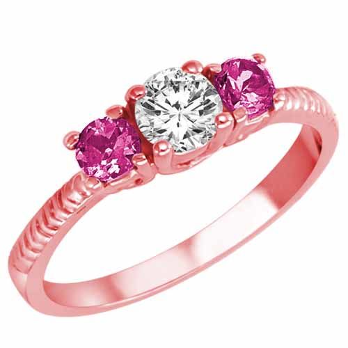 18K Rose Gold Round 3 Stone Diamond and Pink Topaz Engagement Ring With Etched Shank (0.95 cttw)