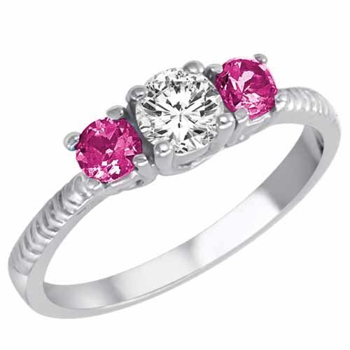 14K White Gold Round 3 Stone Diamond and Pink Topaz Engagement Ring With Etched Shank (0.95 cttw)