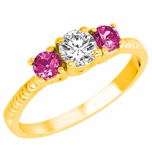 18K Yellow Gold Round 3 Stone Diamond and Pink Topaz Engagement Ring With Etched Shank (0.95 cttw)