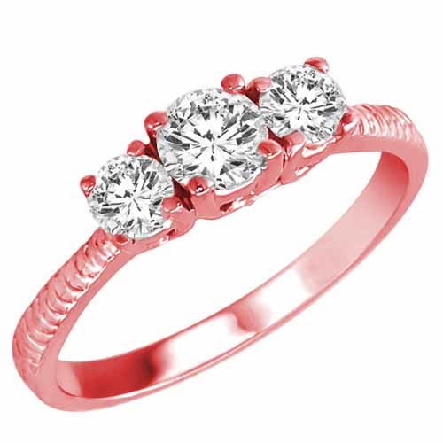 14K Rose Gold 3 Three Stone Round Brilliant Diamond Engagement Ring With Etched Shank (9/10 cttw, F-G/I1)