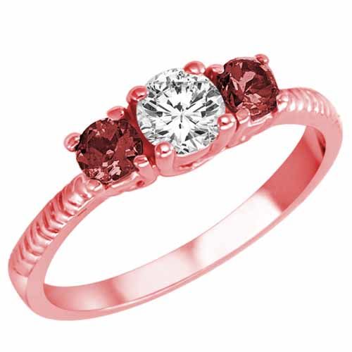 14K Rose Gold Round 3 Stone Diamond and Ruby Engagement Ring With Etched Shank (0.95 cttw)