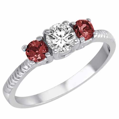 14K White Gold Round 3 Stone Diamond and Ruby Engagement Ring With Etched Shank (0.95 cttw)