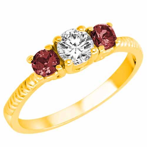 14K Yellow Gold Round 3 Stone Diamond and Ruby Engagement Ring With Etched Shank (0.95 cttw)