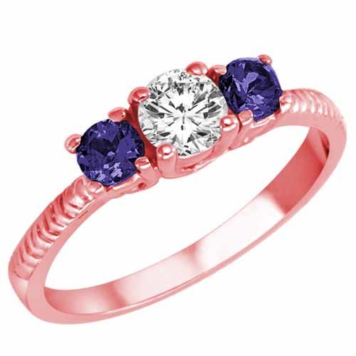 10K Rose Gold Round 3 Stone Diamond and Blue Sapphire Engagement Ring With Etched Shank (0.95 cttw)