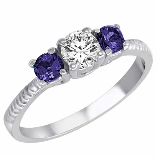 Sterling Silver Round 3 Stone Diamond and Blue Sapphire Engagement Ring With Etched Shank (0.95 cttw)