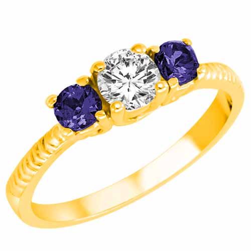 10K Yellow Gold Round 3 Stone Diamond and Blue Sapphire Engagement Ring With Etched Shank (0.95 cttw)