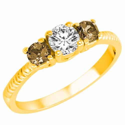 10K Yellow Gold Round 3 Stone Diamond and Smoky Quartz Engagement Ring With Etched Shank (0.95 cttw)