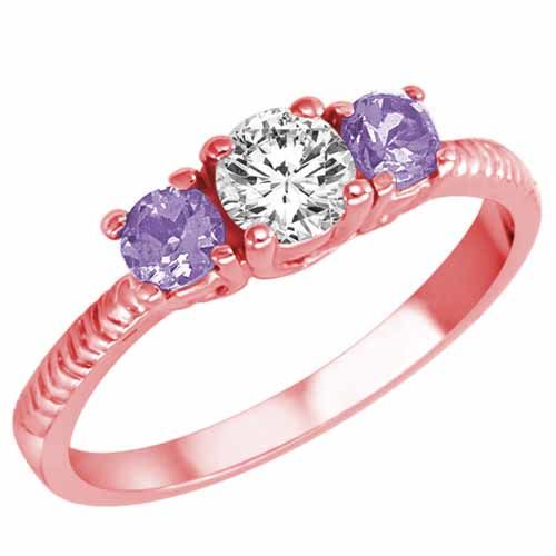14K Rose Gold Round 3 Stone Diamond and Tanzanite Engagement Ring With Etched Shank (0.95 cttw)