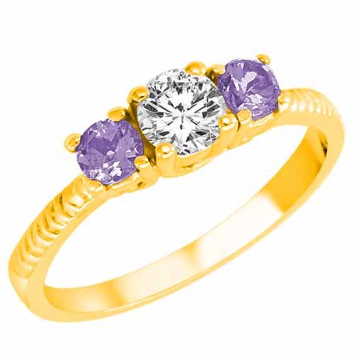 14K Yellow Gold Round 3 Stone Diamond and Tanzanite Engagement Ring With Etched Shank (0.95 cttw)