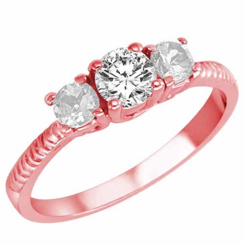 14K Rose Gold Round 3 Stone Diamond and White Quartz Engagement Ring With Etched Shank (0.95 cttw)