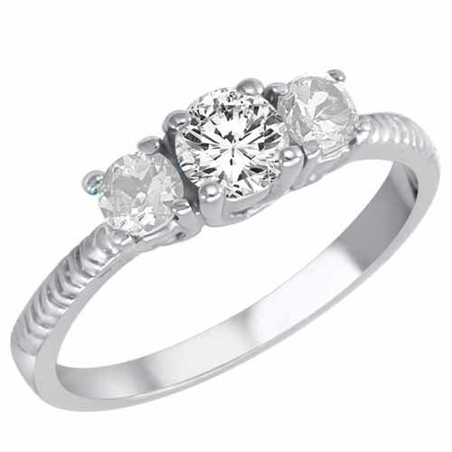 Sterling Silver Round 3 Stone Diamond and White Quartz Engagement Ring With Etched Shank (0.95 cttw)