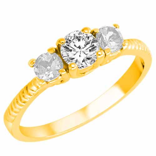 10K Yellow Gold Round 3 Stone Diamond and White Quartz Engagement Ring With Etched Shank (0.95 cttw)